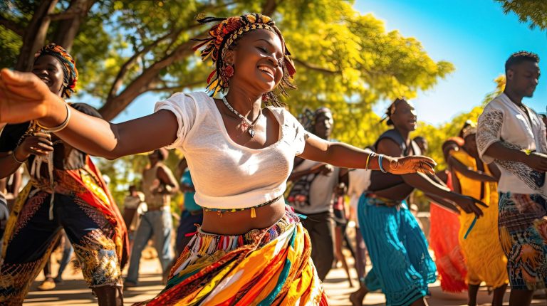 grupo de personas contentas bailando una danza africana muy animada