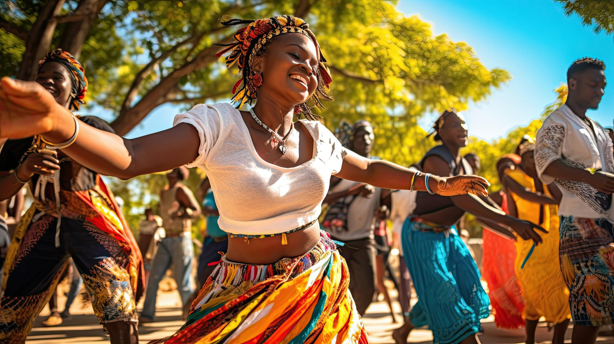 grupo de personas contentas bailando una danza africana muy animada
