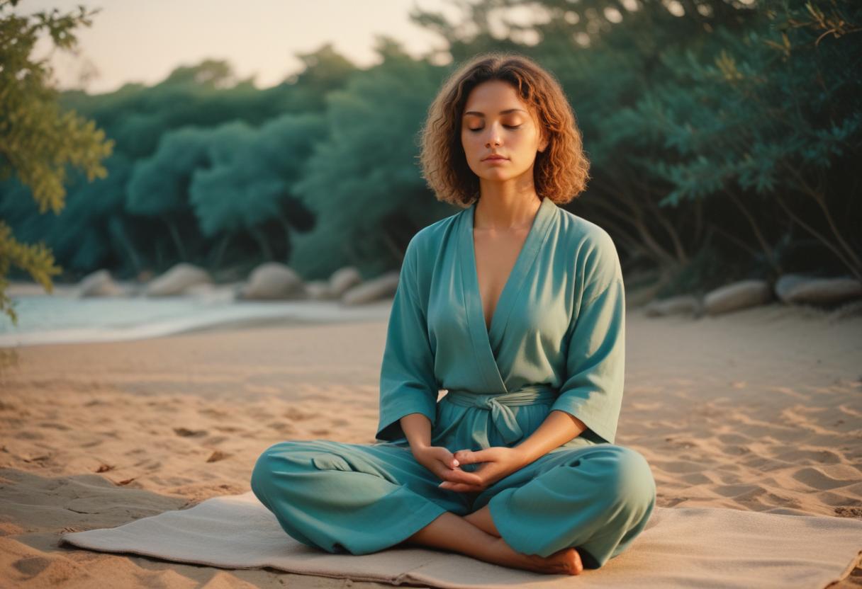 Mujer meditando con los ojos cerrados en una playa al atardecer