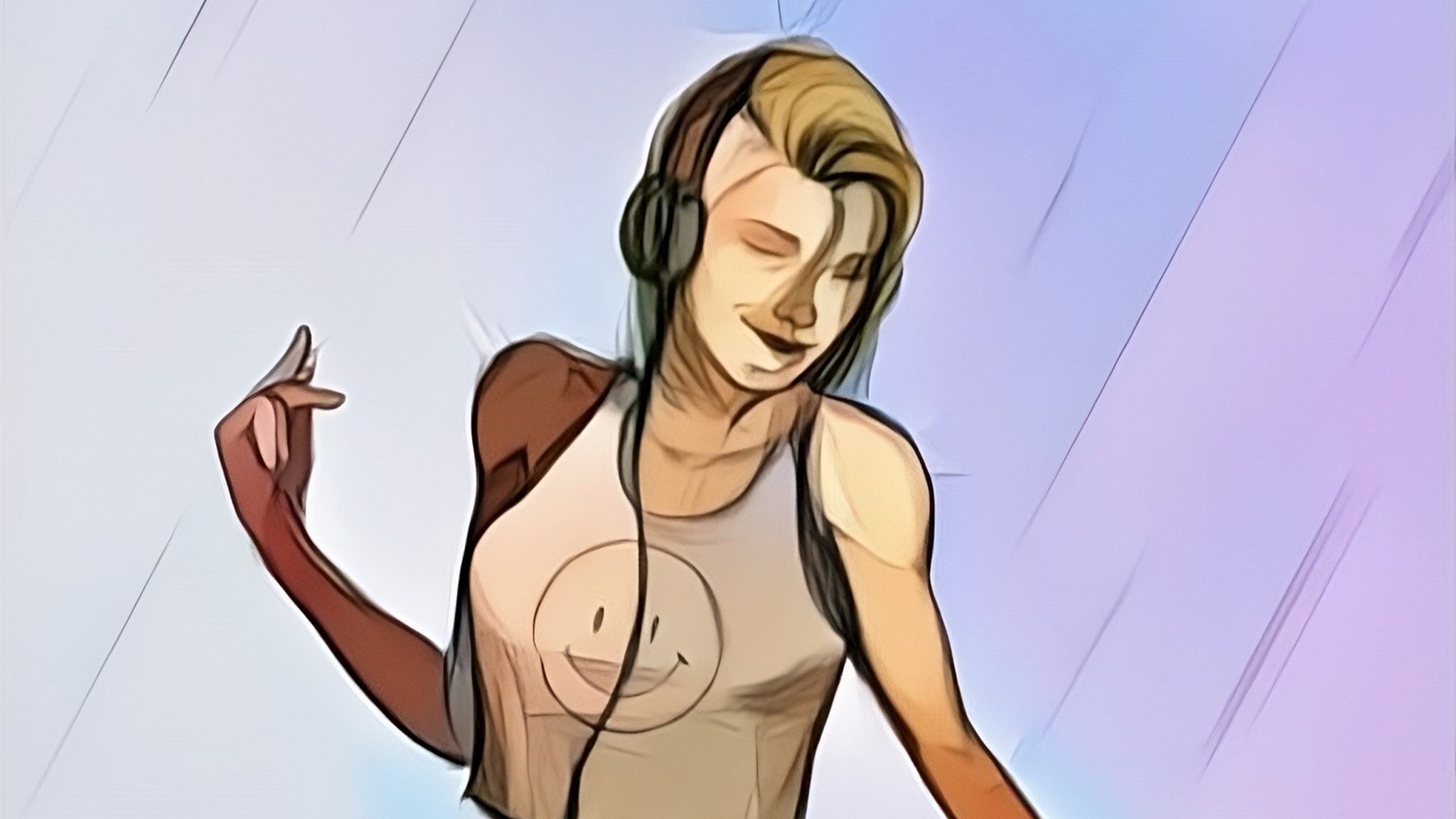 dibujo de chica disfrutando de la música bajo la lluvia coloreado con IA