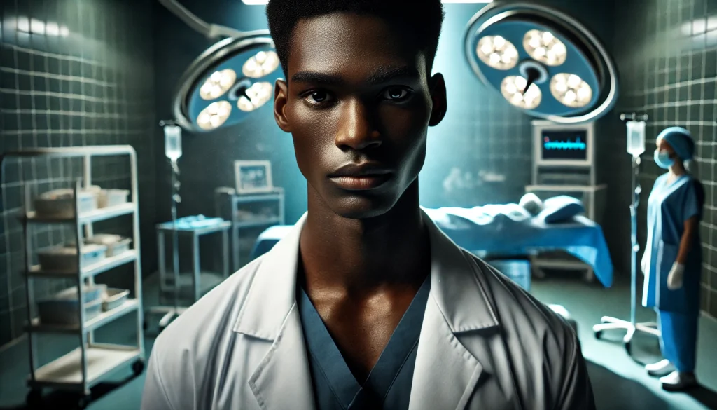 Joven cirujano negro en un quirófano con todo preparado para una operación.