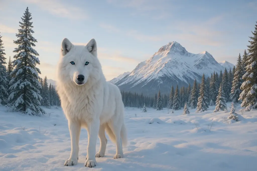 La conexión, Lobo blanco en un paisaje de montaña.