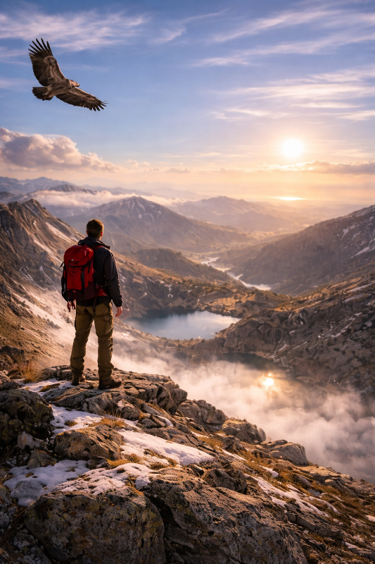 Hombre de espaldas mirando un valle al atardecer con un buitre sobrevolándolo