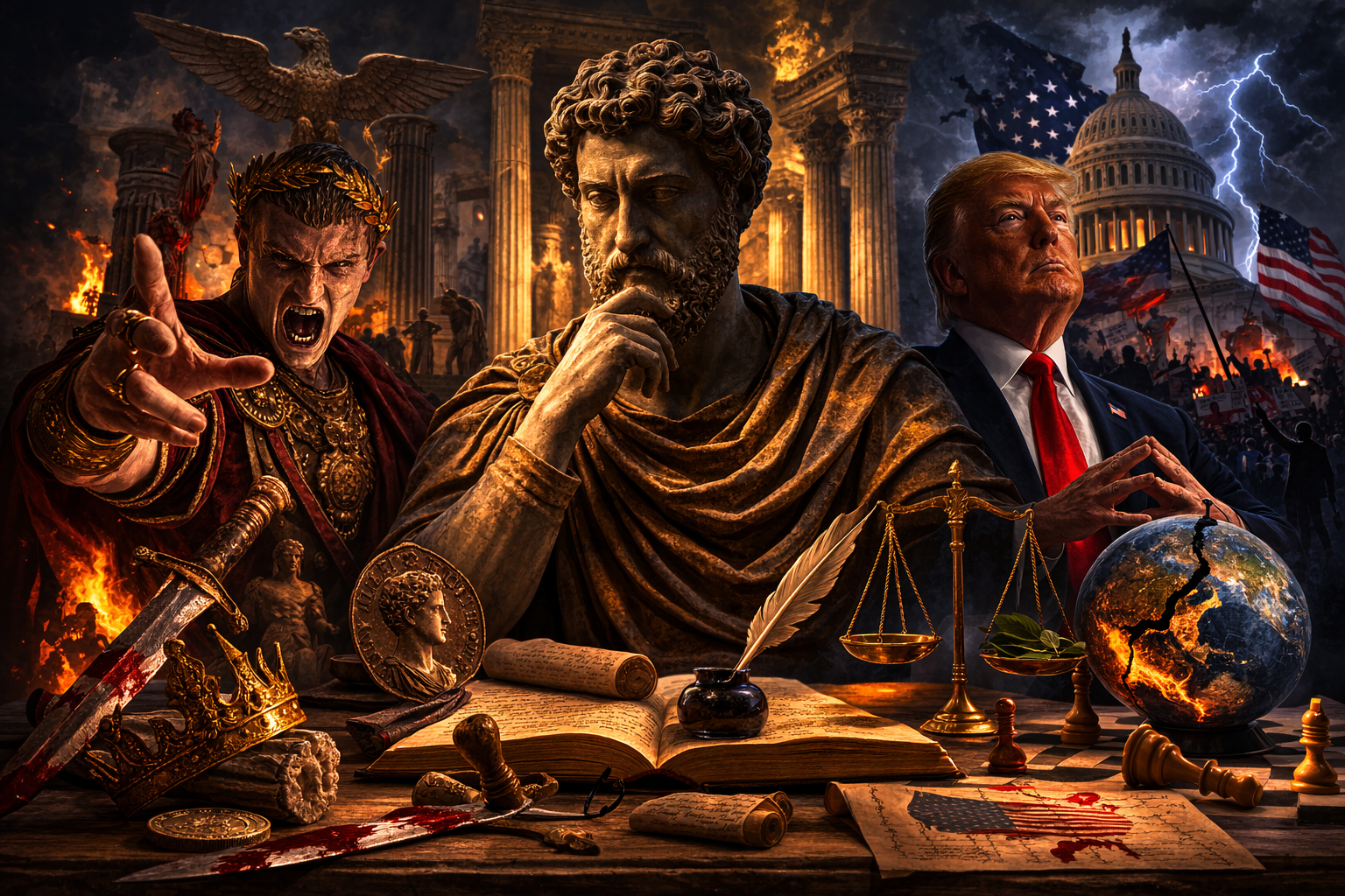 Comparación Marco Aurelio, Calígula y Donald Trump. Portada para Reflexiones sobre el Poder.