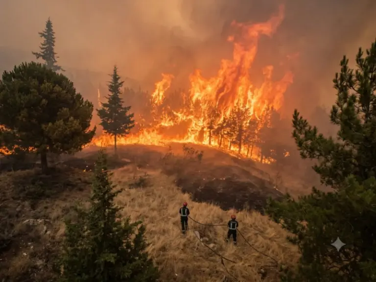 Bombreos combatiendo incendio en el monte en Espa&ntilde;a