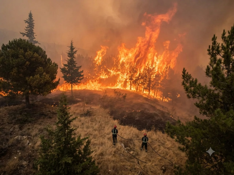 Bombreos combatiendo incendio en el monte en España