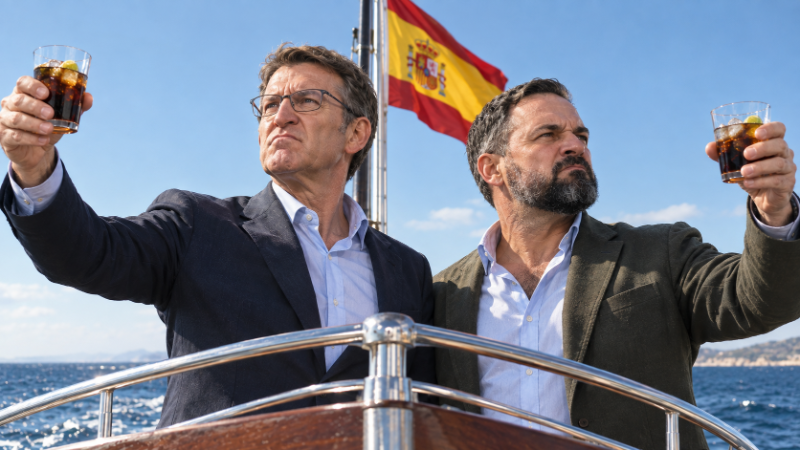 Feijóo y Abascal navegando hacia Ceuta en un barco con cubatas en la mano